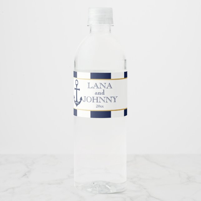 Étiquette Pour Bouteilles D'eau Nautique, or avec des rayures de marine (Devant)