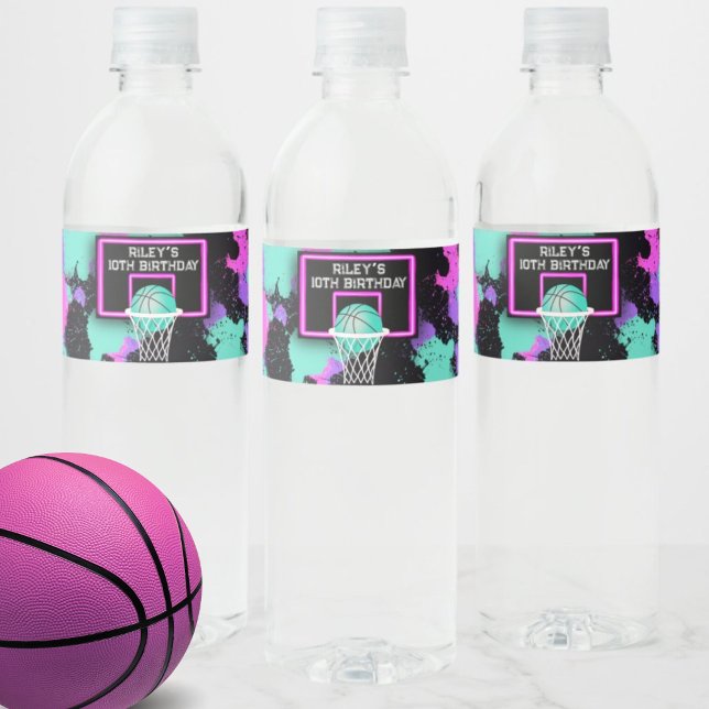 Étiquette Pour Bouteilles D'eau Neon Grunge Paint Splatz Basketball Anniversaire (Créateur téléchargé)