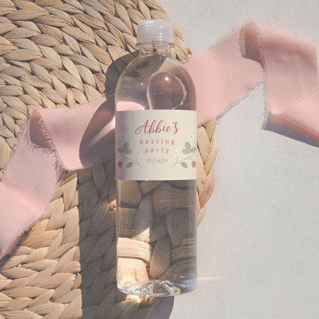 Étiquette Pour Bouteilles D'eau Nesting Party Strawberries Floral Girl Baby Shower (Créateur téléchargé)