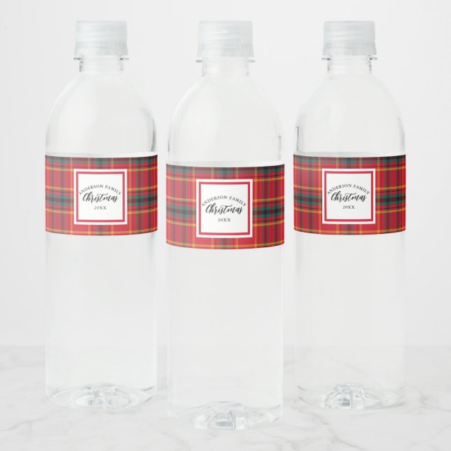 Étiquette Pour Bouteilles D'eau Noël Tartan Plaid Nom de famille Année (Bouteilles)