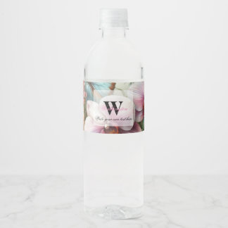 Étiquette Pour Bouteilles D'eau Nom du monogramme Fleurs tropicales Aquarelle feui