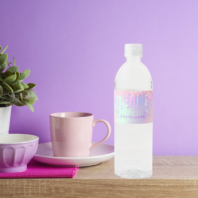 Étiquette Pour Bouteilles D'eau Nom holographique arc-en-ciel or rose pailleté pin (Créateur téléchargé)