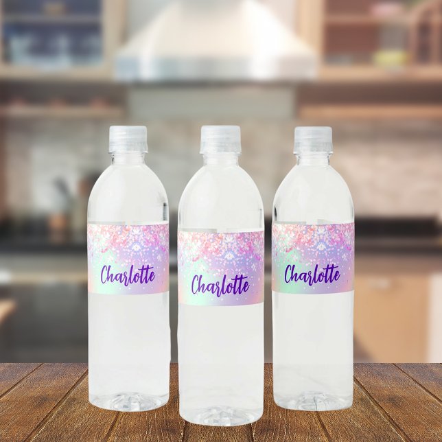 Étiquette Pour Bouteilles D'eau Nom holographique rose violet (Créateur téléchargé)
