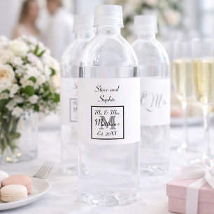 Étiquette Pour Bouteilles D'eau Noms de mariage noir et blanc Monogramme