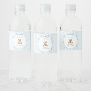 Étiquette Pour Bouteilles D'eau Nounours, Nœud Bleu, Rayures Bleues, Baby Shower