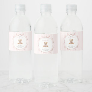 Étiquette Pour Bouteilles D'eau Nounours rose, ruban rose, rayures roses, Baby Sho
