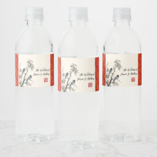 Étiquette Pour Bouteilles D'eau Oiseaux à fleurs rouges mariage oriental chinois