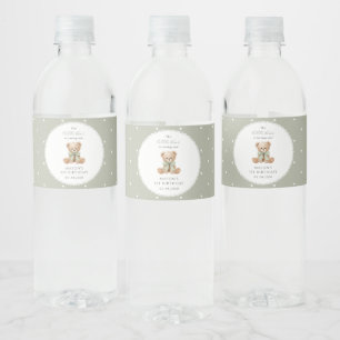 Étiquette Pour Bouteilles D'eau Ours en peluche, nœud, pois verts, premier anniver