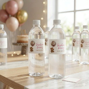 Étiquette Pour Bouteilles D'eau Ours en peluche rose Première photo d'anniversaire