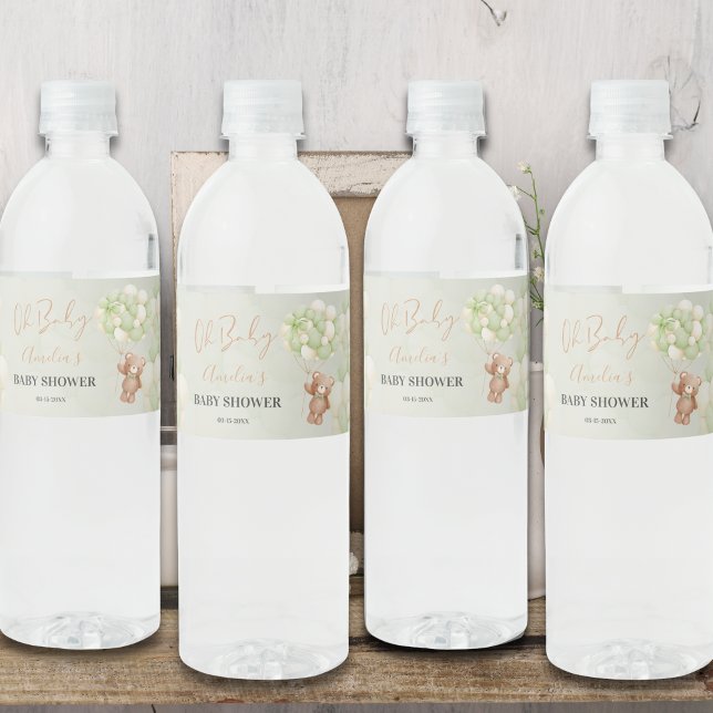 Étiquette Pour Bouteilles D'eau Ours en peluche vert neutre Oh bébé ballon bébé (Créateur téléchargé)