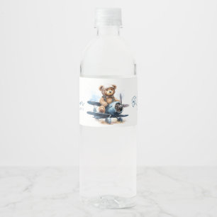 Étiquette Pour Bouteilles D'eau Ourson en avion Aquarelle Shower de bébé garçon