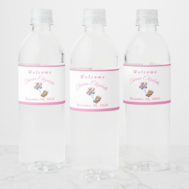Étiquette Pour Bouteilles D'eau Ourson mignon & Ballons Fille  (Créateur téléchargé)
