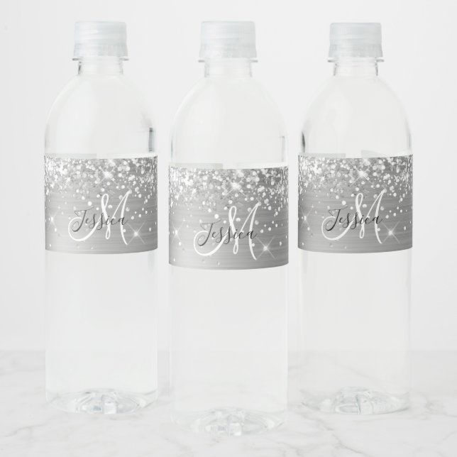 Étiquette Pour Bouteilles D'eau Pailleté Argenté Monogramme Noir et Blanc (Bouteilles)
