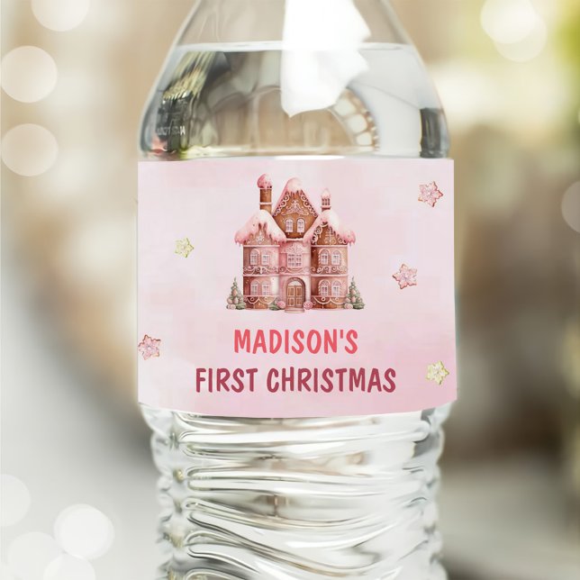 Étiquette Pour Bouteilles D'eau Pain d'épices rose Maison Noël Premier anniversair (Créateur téléchargé)