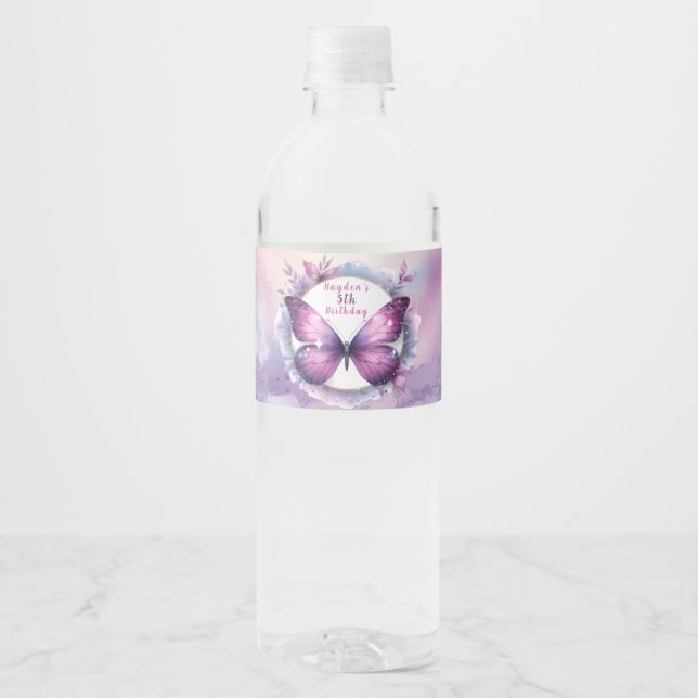 Étiquette Pour Bouteilles D'eau Papillon Pailleté Violet - Anniversaire (Devant)