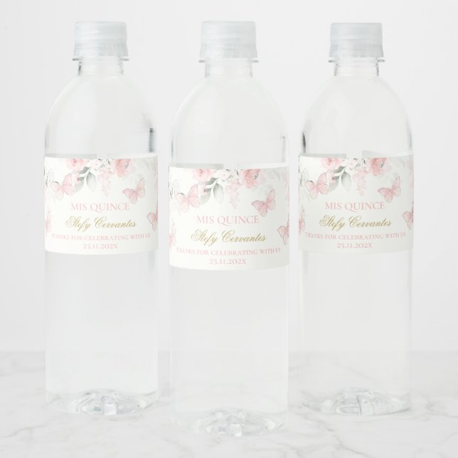 Étiquette Pour Bouteilles D'eau Papillon rose Quinceañera (Bouteilles)