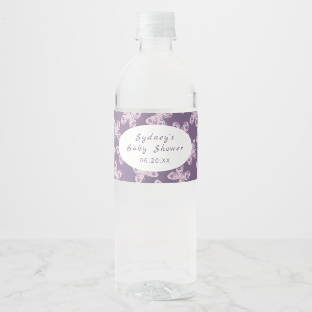 Étiquette Pour Bouteilles D'eau Papillon rose violet Motif personnalisé (Devant)
