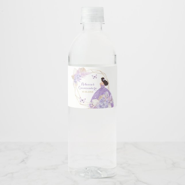 Étiquette Pour Bouteilles D'eau Papillon violet de Boho Princesa Quinceañera (Devant)