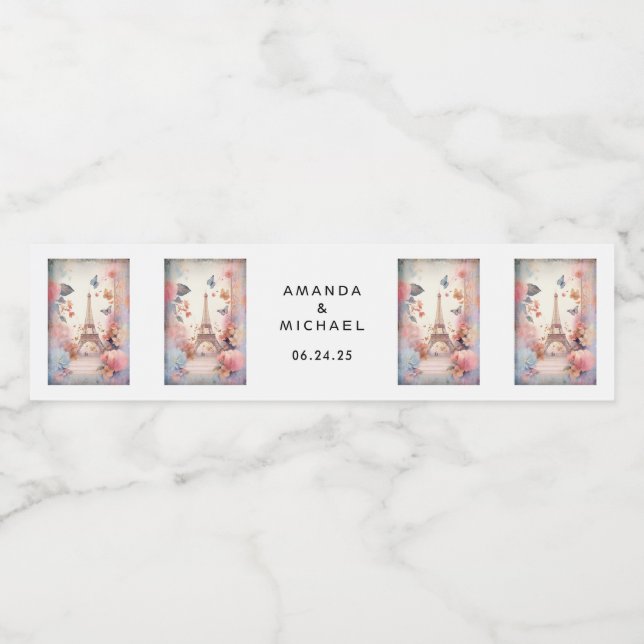 Étiquette Pour Bouteilles D'eau Papillons et fleurs Tour Eiffel - Mariage (Étiquettes simples)