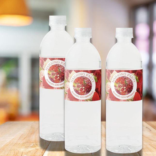 Étiquette Pour Bouteilles D'eau Parti Mahjong Riche Gras Floral Personnalisé (Créateur téléchargé)