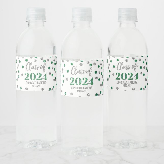 Étiquette Pour Bouteilles D'eau Parties scintillant d'argent vert Confetti Graduat (Bouteilles)