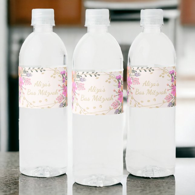 Étiquette Pour Bouteilles D'eau Parties scintillant or aquarelle florale bas mitzv (Gold glitter floral watercolor bas mitzvah water bottle label)