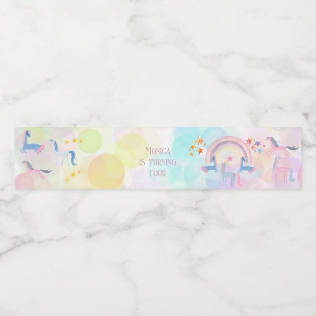 Étiquette Pour Bouteilles D'eau Pastel arc-en-ciel aquarelle licorne anniversaire  (Étiquettes simples)