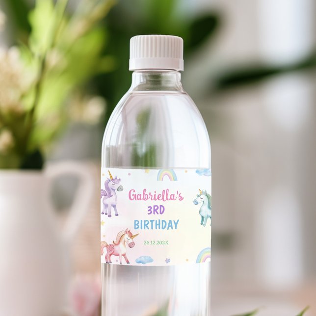 Étiquette Pour Bouteilles D'eau Pastel Rainbow Unicorn fête d'anniversaire (Créateur téléchargé)