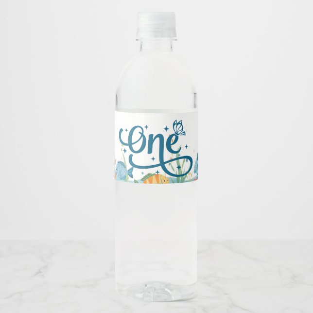 Étiquette Pour Bouteilles D'eau Pêche 1er anniversaire avec ONE (Devant)