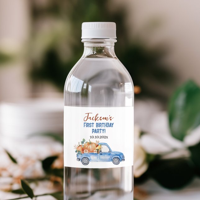 Étiquette Pour Bouteilles D'eau Petit Camion bleu Citrouille 1er anniversaire (Créateur téléchargé)