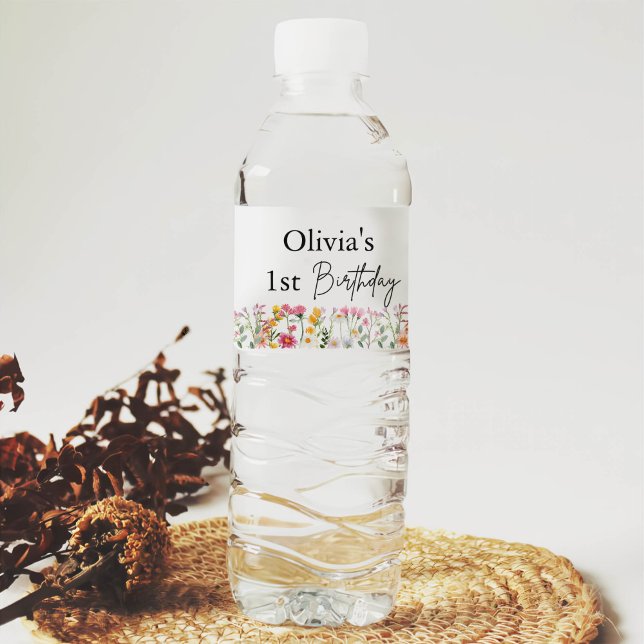Étiquette Pour Bouteilles D'eau Petit Fleur sauvage 1ère fille Anniversaire (Créateur téléchargé)