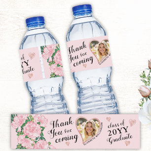 Étiquette Pour Bouteilles D'eau Photo personnalisée Pink Floral 2025 Merci de grad