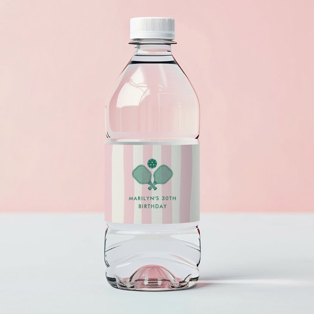 Étiquette Pour Bouteilles D'eau Pickleball Pink Green Preppy fête d'anniversaire (Pink preppy pickleball birthday party water bottle labels)