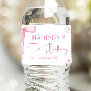 Étiquette Pour Bouteilles D'eau Pink Bow Elegant 1er Anniversaire