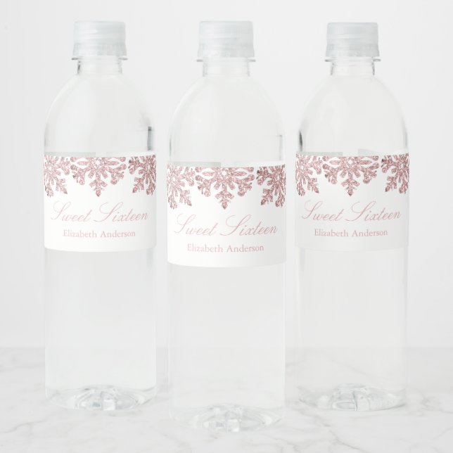 Étiquette Pour Bouteilles D'eau Pink Rose Gold Snowflake Winter Sweet 16 (Bouteilles)