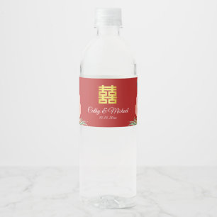 Étiquette Pour Bouteilles D'eau Pivoine florale double bonheur mariage chinois rou