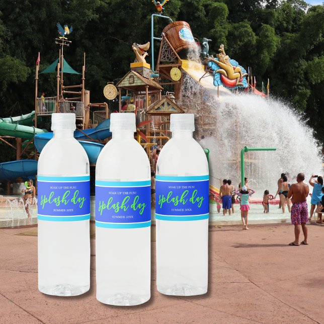 Étiquette Pour Bouteilles D'eau Plongez dans le bleu amusant Neon Green Summer Spl (Créateur téléchargé)