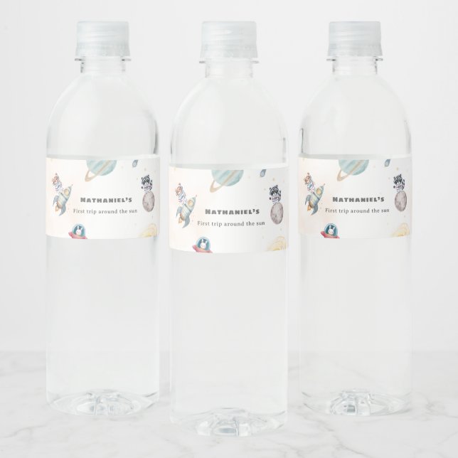 Étiquette Pour Bouteilles D'eau Premier tour autour du soleil animaux de l'espace  (Bouteilles)