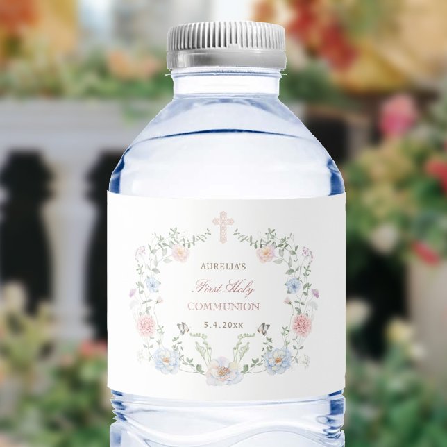 Étiquette Pour Bouteilles D'eau Première communion de cadre floral élégant (Créateur téléchargé)