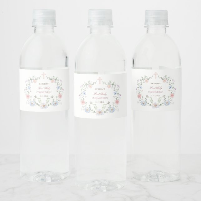 Étiquette Pour Bouteilles D'eau Première communion de cadre floral élégant (Bouteilles)