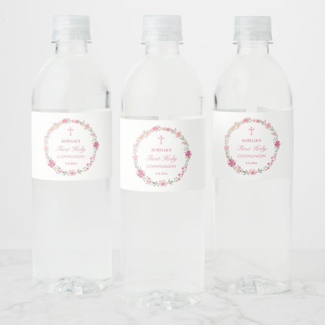 Étiquette Pour Bouteilles D'eau Première communion de germe rose (Bouteilles)