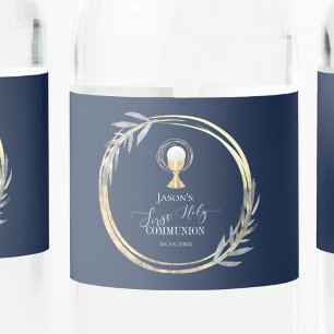 Étiquette Pour Bouteilles D'eau Première Sainte communion bleu et faux feuille d'o