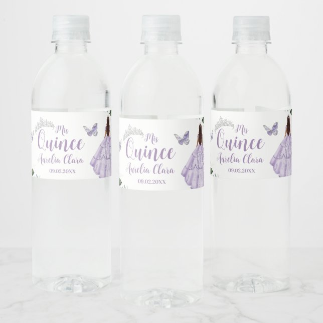 Étiquette Pour Bouteilles D'eau Princesse Florale violette Silver Quinceañera 16 1 (Bouteilles)