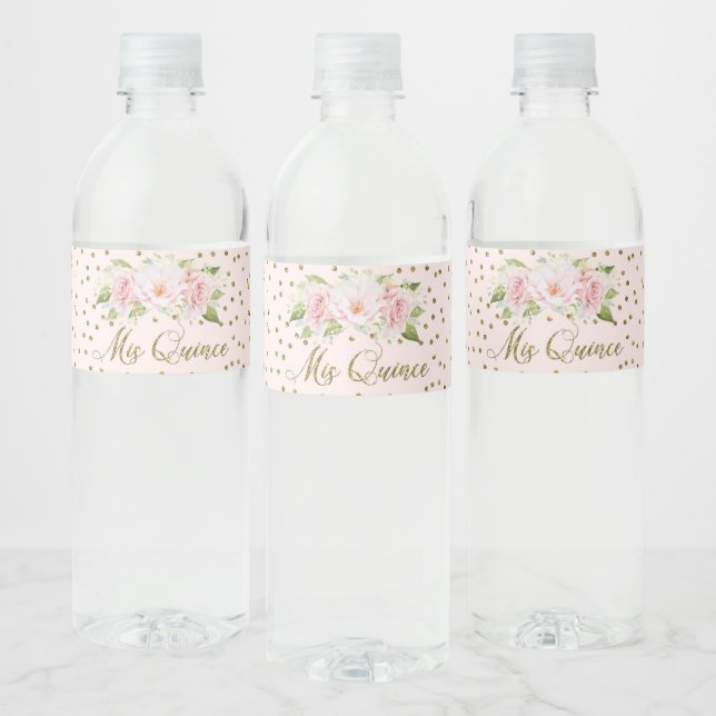 Étiquette Pour Bouteilles D'eau Quinceañera 15e anniversaire Fleurs roses or (Bouteilles)