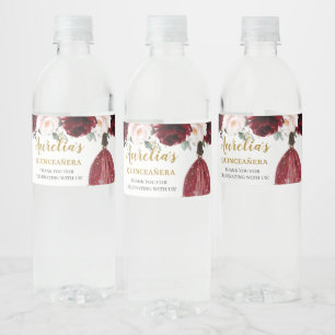 Étiquette Pour Bouteilles D'eau Quinceañera Bourgogne Blush Floral Anniversaire F