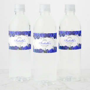 Étiquette Pour Bouteilles D'eau Quinceanera Florale Bleue Royale et Argent