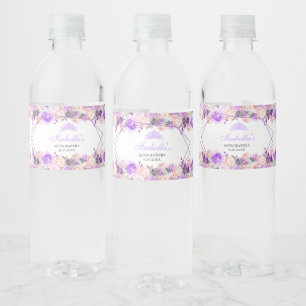 Étiquette Pour Bouteilles D'eau Quinceanera florale rose et violet
