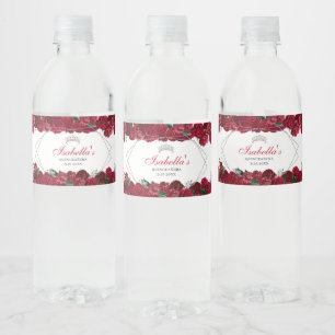 Étiquette Pour Bouteilles D'eau Quinceanera florale rouge et argent