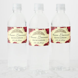 Étiquette Pour Bouteilles D'eau Quinceanera Florale Rouge Et Or