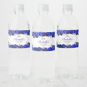 Étiquette Pour Bouteilles D'eau Quinceanera Royal Blue et Gold Floral